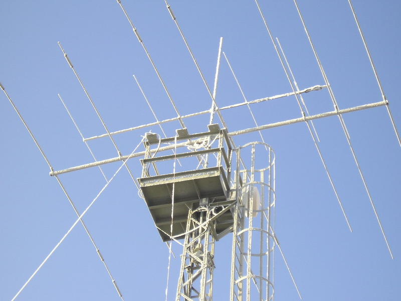 Antenna setup (Mosley PRO67C 40-10m, M2 for 6m, skewed wire going down from top = Half Sloper for 80m, tower is shunt feed loaded for 160m) in my home QTH in Plzen