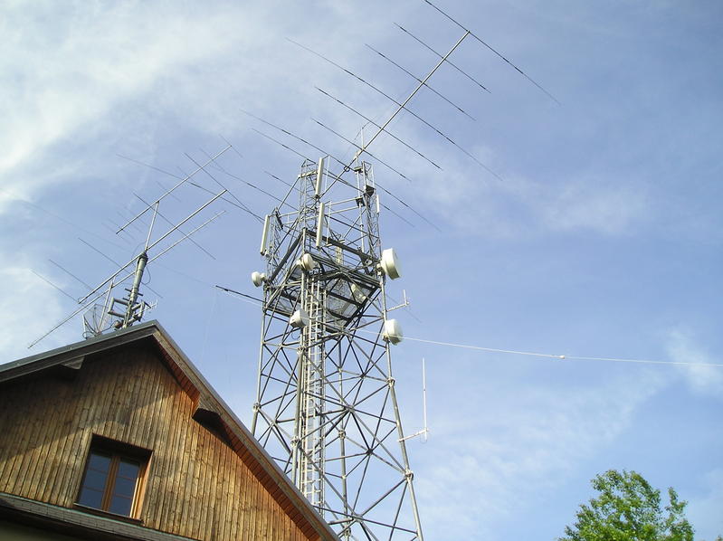 Antenna setup (160/80m two inverted wire dipoles, 40-30-20-17-15-12-10m Mosley PRO96S3, 6m M2 5el., 2m 9el. M2, 70cm 38el.M2) in my first remotely controlled QTH